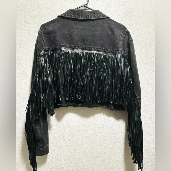 Vintage Y2K black Fringe Denim Jacket new without tags - Picture 4 of 11